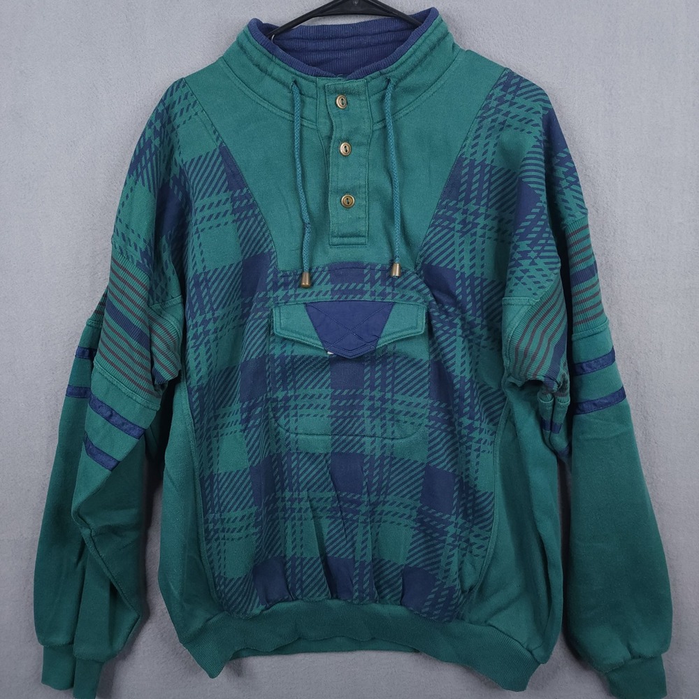 Vintage 90s Anorak‎ Pullover Sweatshirt 1/4 Button Large Green Navy Plaid